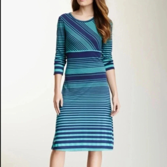 BCBGMAXAZRIA Cintia Teal Sea Blue Green Stripe Shift Dress Open Back Size Large - Picture 1 of 12